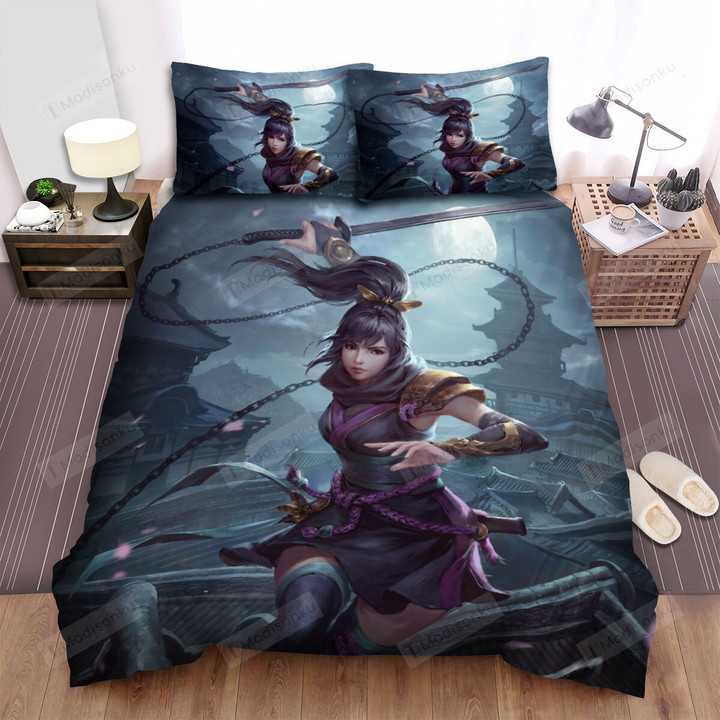 Ninja Girl Wielding Her Kunai Sword Art Painting Bed Sheets Spread Duvet Cover Bedding Sets