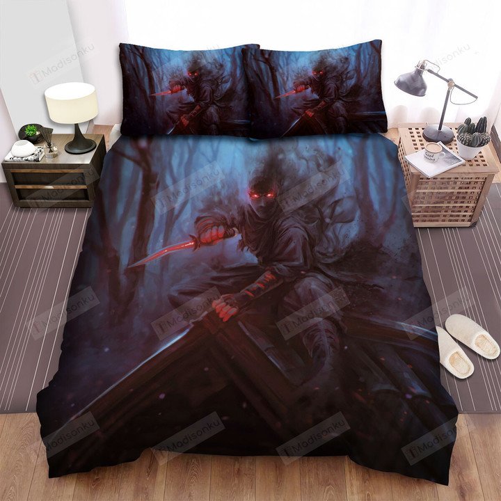 Shadow Ninja With Glowing Red Eyes Artwork Bed Sheets Spread Duvet Cover Bedding Sets