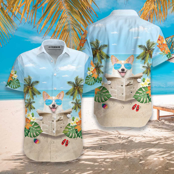 Corgi Wears Sunglasses Hawaiian Shirt