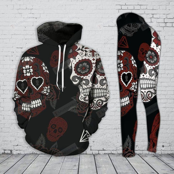 Red Skull Flowers Hoodie And Legging All Over Printed