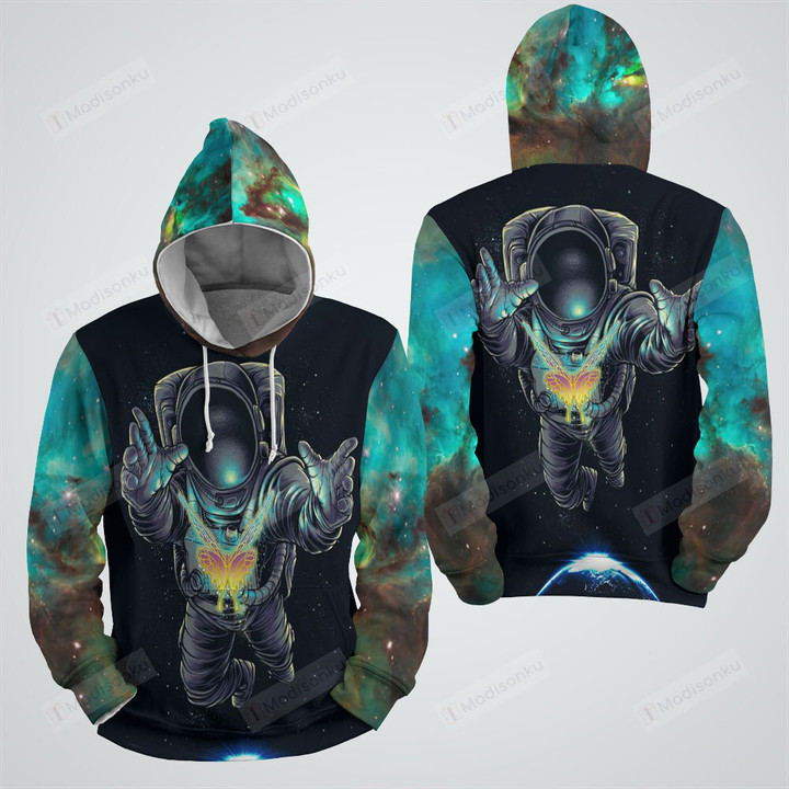 Astronaut Catching Glowing Butterfly In Galaxy Illustration 3d Full Over Print Hoodie Zip Hoodie Sweater Tshirt