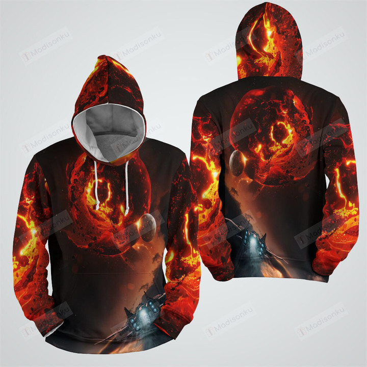 Spacecraft And Planet Explosion Illustration 3d Full Over Print Hoodie Zip Hoodie Sweater Tshirt