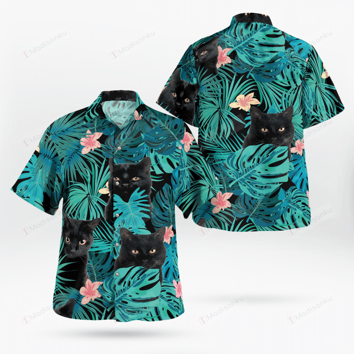 Black Cat Flower Hawaiian Beach Shirt