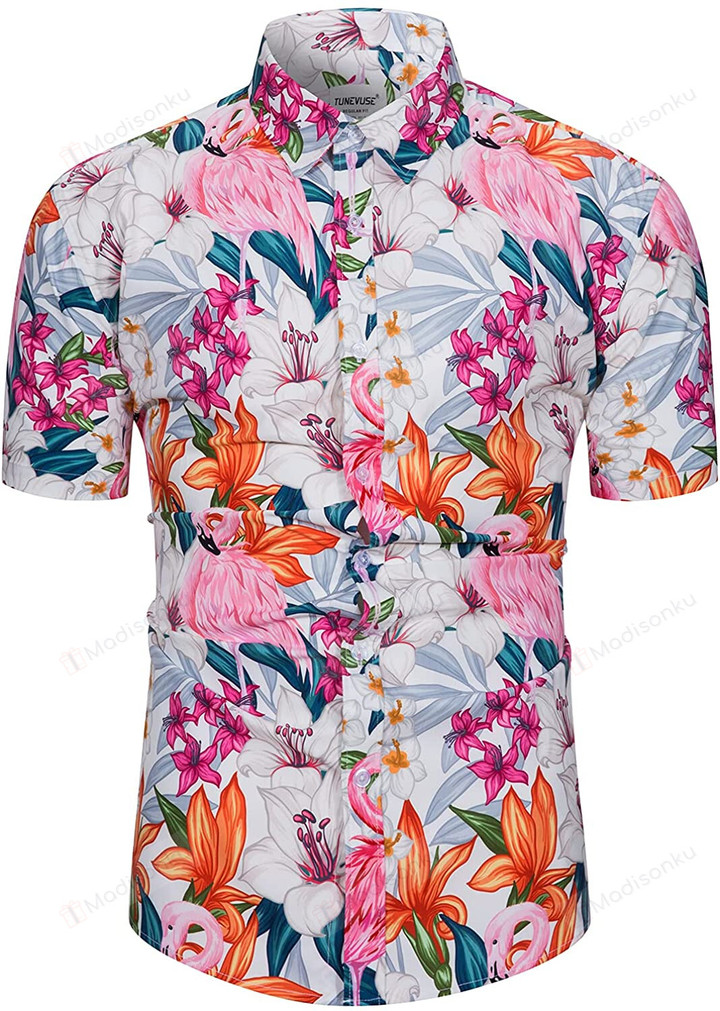 Flower Pineapple Bird Print Short Sleeve Shirt Casual Button Down Tropical Hawaiian Shirt