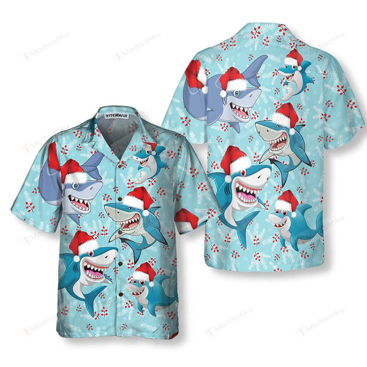 Merry Christmas Shark Santa Hat Hawaiian Shirt