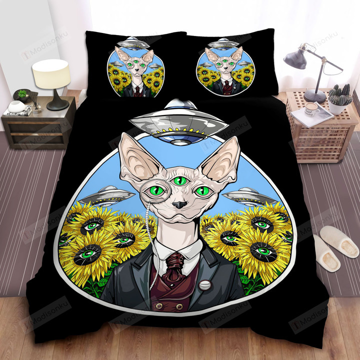 Alien Three-Eyed Cat And Eyed Sunflowers Illustration Bed Sheets Spread Comforter Duvet Cover Bedding Sets