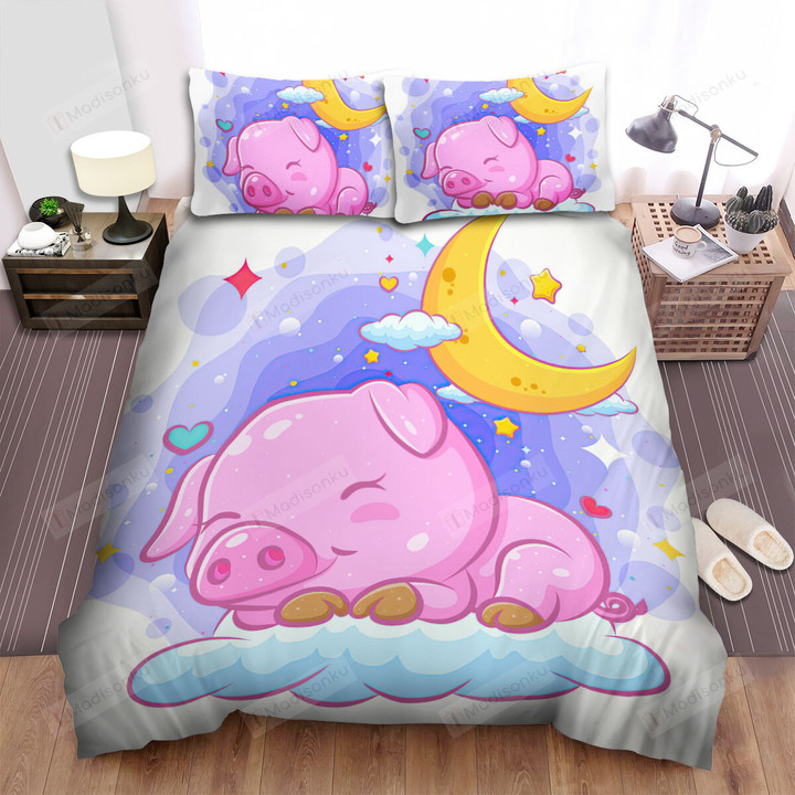 The Cute Animal - The Pig Sleeping Under The Moon Art Bed Sheets Spread Duvet Cover Bedding Sets