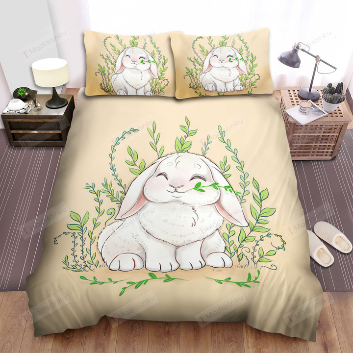 The Cute Animal - A Happy White Rabbit And Grass Bed Sheets Spread Duvet Cover Bedding Sets