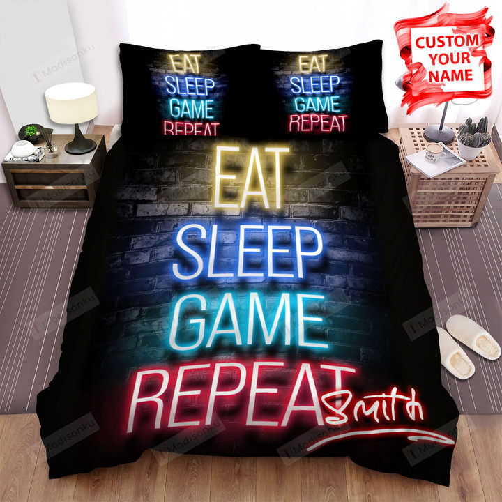Personalized Gaming Gamer Quotes Eat Sleep Game Repeat Bed Sheets Spread Comforter Duvet Cover Bedding Sets