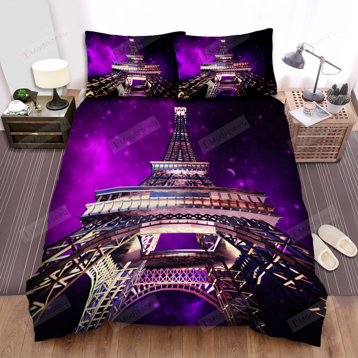 Eiffel Tower From Below Purple Dark Sky Bed Sheets Spread Comforter Duvet Cover Bedding Sets