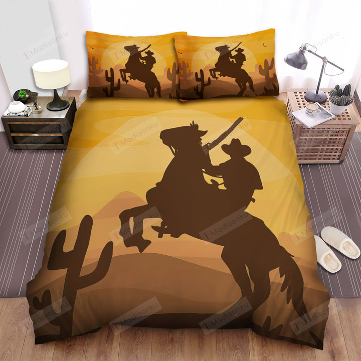 Cowboy On His Horse Silhouette Illustration Bed Sheets Spread Duvet Cover Bedding Sets