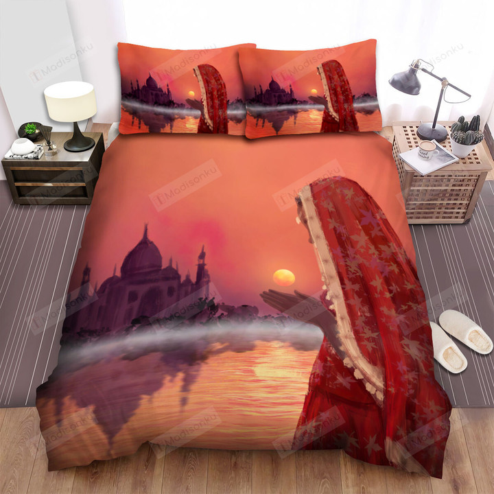 Taj Mahal Woman In Sari Praying Sunset Bed Sheets Spread Comforter Duvet Cover Bedding Sets