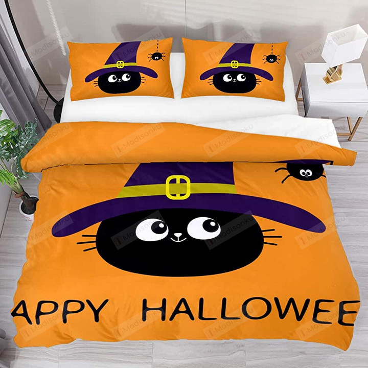 Witch Black Cat Head Happy Halloween Bed Sheets Duvet Cover Bedding Sets