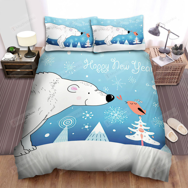 The Christmas Art, Happy New Year Polar Bear Too Bed Sheets Spread Duvet Cover Bedding Sets