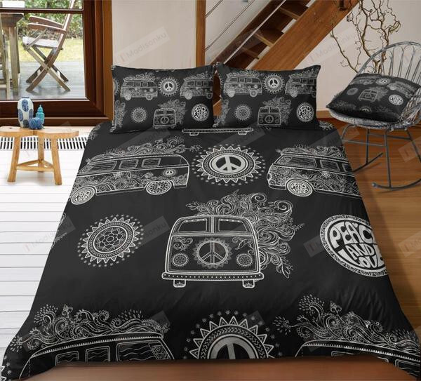 Black Peace And Love Bus Cotton Bed Sheets Spread Comforter Duvet Cover Bedding Sets