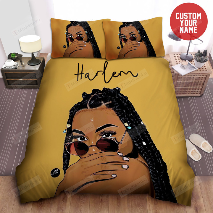 African American Black Pretty Hair Girl Sunglasses Personalized Custom Name Duvet Cover Bedding Set