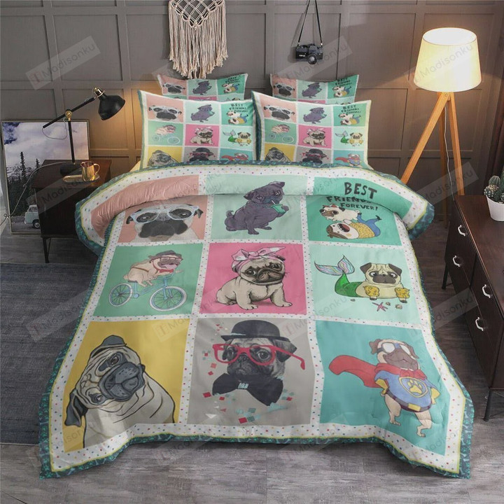 Pug Best Friends Forever Funny Cartoon Pugs Cotton Bed Sheets Spread Comforter Duvet Cover Bedding Sets