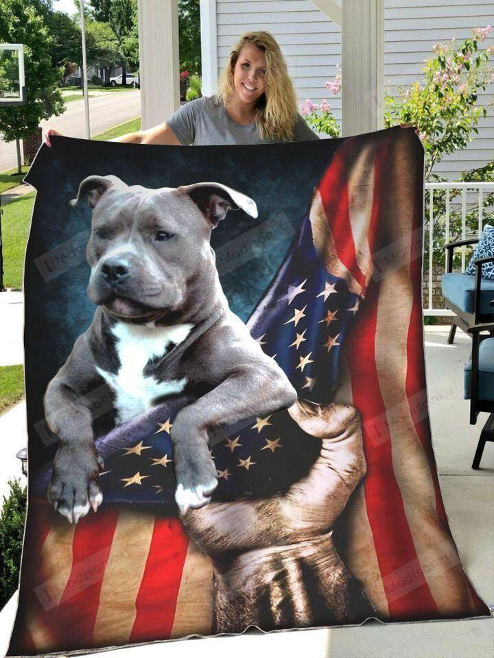 Grey Pitbull American Flag Quilt Blanket Great Customized Blanket Gifts For Birthday Christmas Thanksgiving