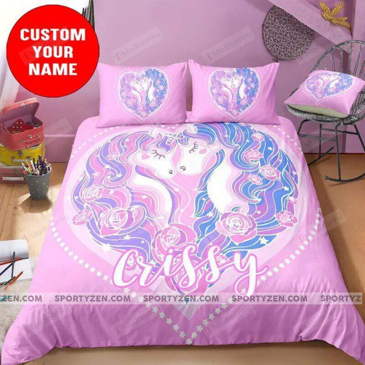 Unicorn Lovely Couple Pink Pastel Custom Name Duvet Cover Bedding Set