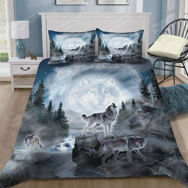 Howling Wolf Moon On The Stream Cotton Bed Sheets Spread Comforter Duvet Cover Bedding Sets