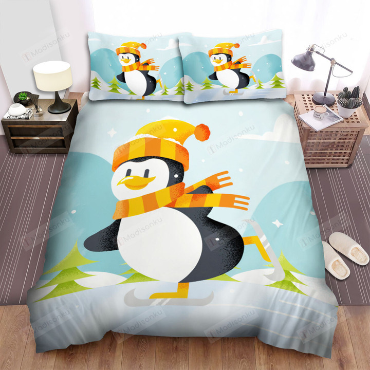 The Christmas Art, Ice Skating Penguin Bed Sheets Spread Duvet Cover Bedding Sets