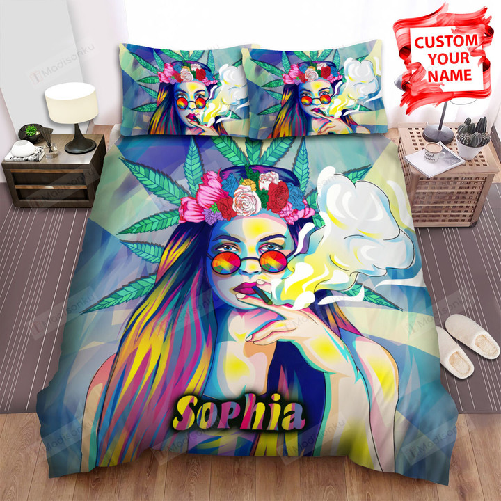Personalized Hippie Girls With Flower And Weed Digital Illustration Bed Sheets Spread Duvet Cover Bedding Sets