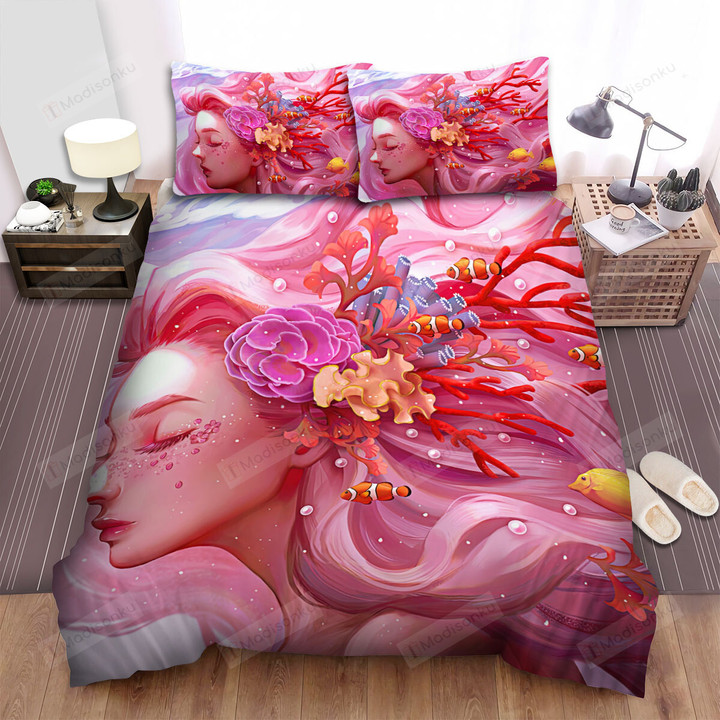 Pink Coral Girl Digital Portrait Bed Sheets Spread Duvet Cover Bedding Sets