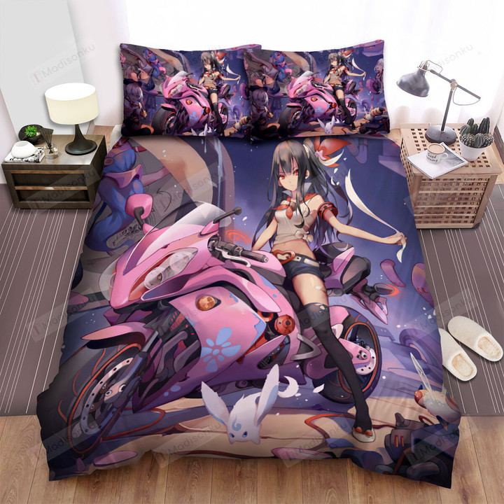 Anime Highschool Biker Girl On Pink Motorcycle Bed Sheets Spread Duvet Cover Bedding Sets