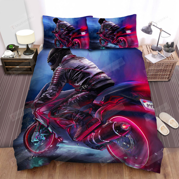 Retrowave Biker On The Road Art Painting Bed Sheets Spread Duvet Cover Bedding Sets