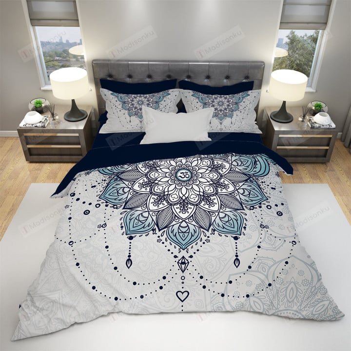 Blue And Gray Mandala Bed Sheets Spread Duvet Cover Bedding Set
