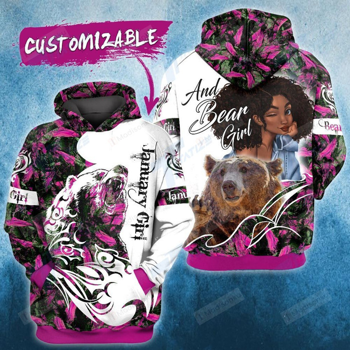 Personalized Custom Name January Girl And Bear Girl 3D All Over Print Hoodie, Zip-up Hoodie