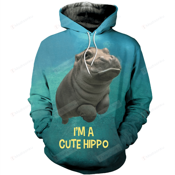 Cute Hippo 3D All Over Printed Hoodie, Zip- Up Hoodie