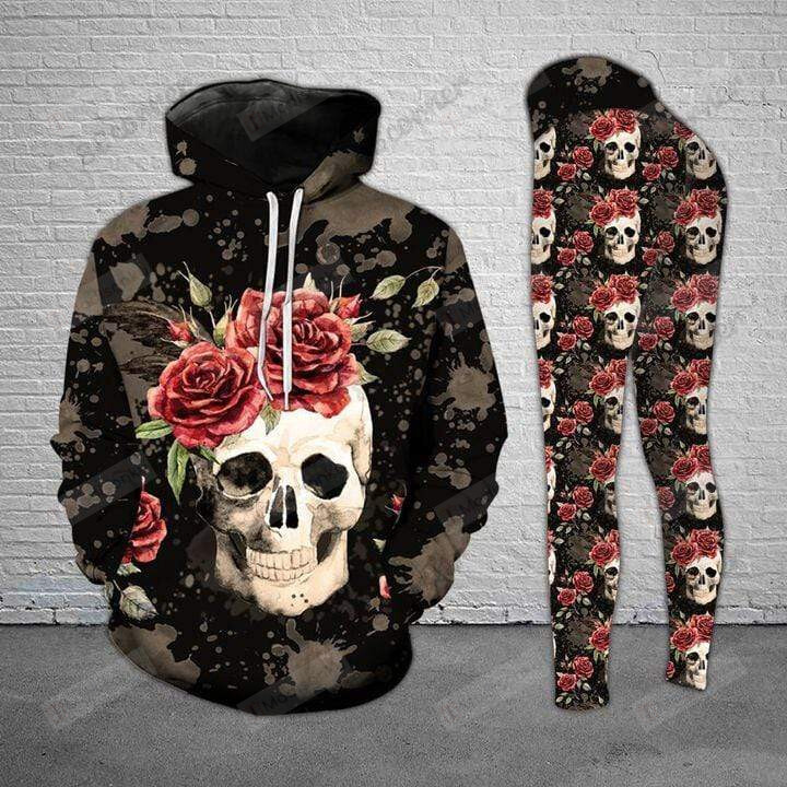 Skull Rose Red Hoodie And Legging All Over Printed