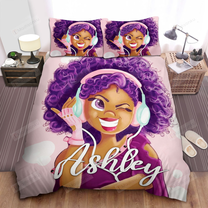 Personalized Black Girl Cute Purple Music Duvet Cover Bedding Set, Custom Name Black Girl Duvet Cover Bedding Set