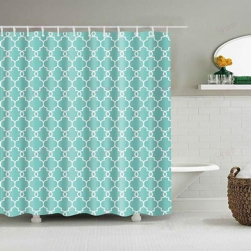 Aqua Linked Pattern Fabric Shower Curtain
