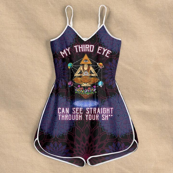 MUSHROOMS PSYCHEDELIC PYRAMID BUDDHA MY THIRD EYE CAN SEE STRAIGHT ROMPERS FOR WOMEN PSR13