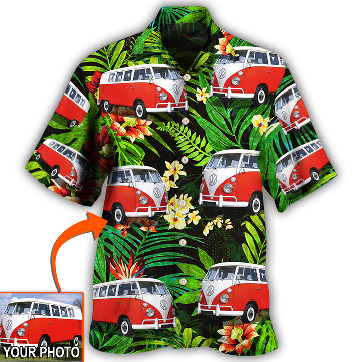 Hippie Van Volkswagen Camper Van Tropical Flower Custom Photo - Hawaiian Shirt - Owl Ohh