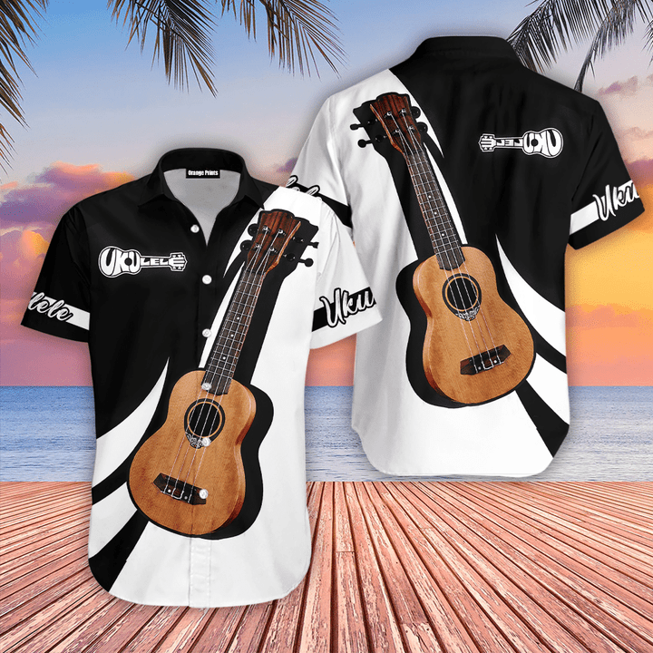 Ukulele Music Black 7 White Hawaiian Shirt | For Men & Women | Adult | WT5326-Orange Prints