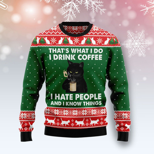 Black Cat Drink Coffee Ugly Christmas Sweater | For Men & Women | Adult | US5169