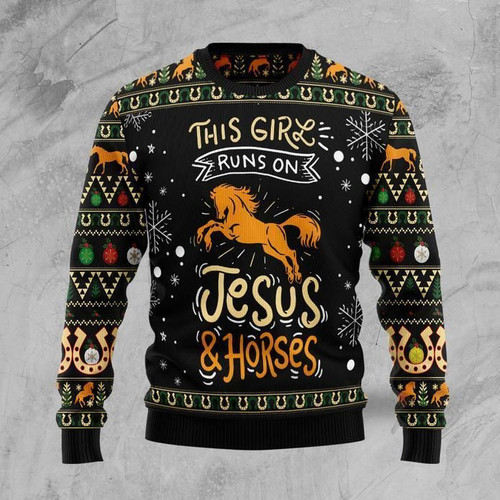 Girls Run On Jesus And Horses Ugly Christmas Sweater | Unisex | Full Size | Adult | Colorful | US3829