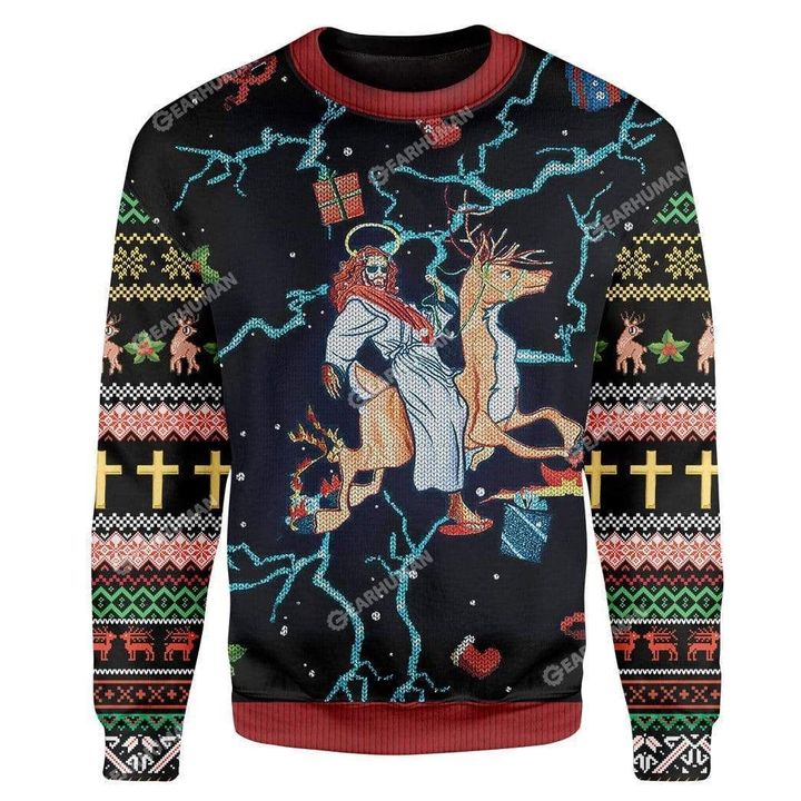 Swag Jesus Rides Reindeer Ugly Christmas Sweater | For Men & Women | Adult | US1837