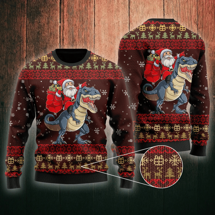 Santa Riding Dinosaur T Rex Ugly Christmas Sweater | For Men & Women | Adult | UH1110