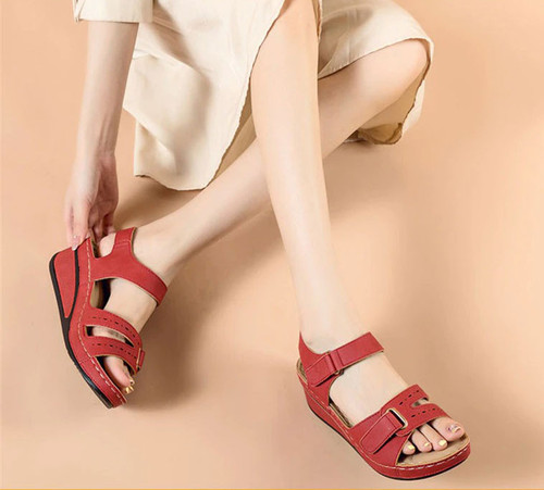 Sominic Orthopedic Wedge Velcro Leather Sandals For Women Casual Breathable Hollow Out