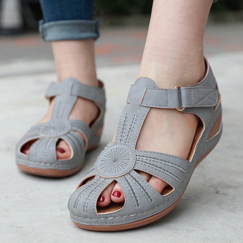 Sominic Leather Made Orthopedic Wedge Platform Sandals Anti-Slip Buckle Strap Vintage Design For Women