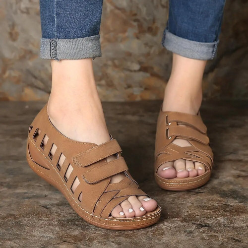 Sominic Hollow Out Breathable Orthopedic Wedges Sandals For Women Velcro Strap Design