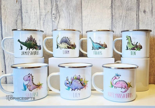 Topnicegifts Enamel dinosaur camping mug. Up to 10 dinosaur. Personalised  Name