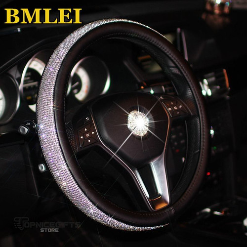 Topnicegifts Bling Bling Rhinestones Crystal Car Steering Wheel Cover  PU Leather Steering-wheel covers Auto Accessories Case Car Styling