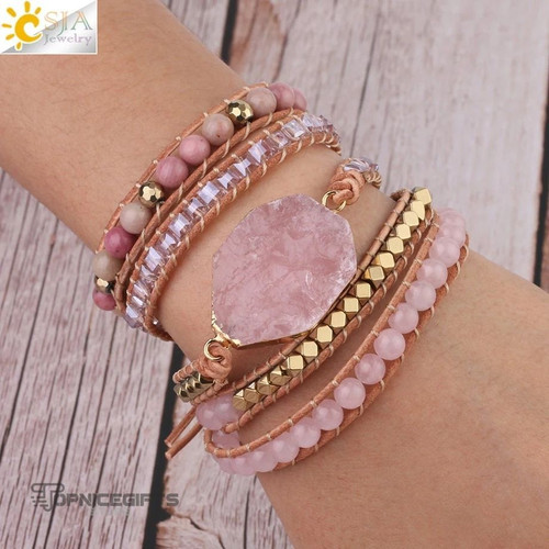 Topnicegifts CSJA Natural Stone Bracelet Pink Quartz Leather Wrap Bracelets for Women Rose Gems Crystal Beads Bohemia  Jewelry 5