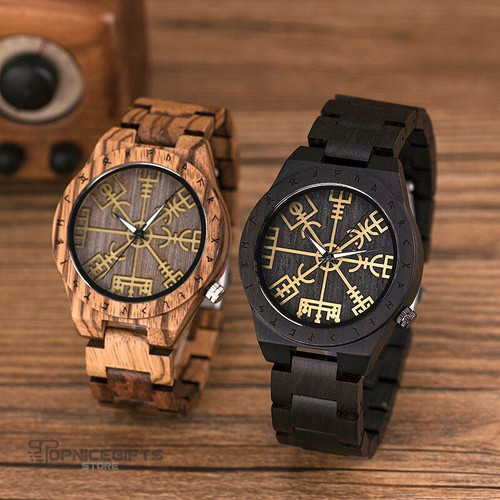 Topnicegifts Wood Watch Men Quartz Wristwatch Vegvisir Handmade Watches