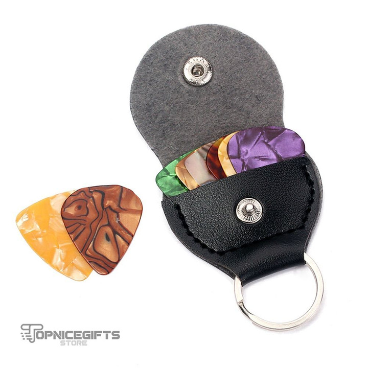Topnicegifts PU Leather Keychain Guitar Plectrums Holder Bags Pouch with 3 Picks 0.46mm Plectrum Case Bag Keychain Shape Guitar Accessories